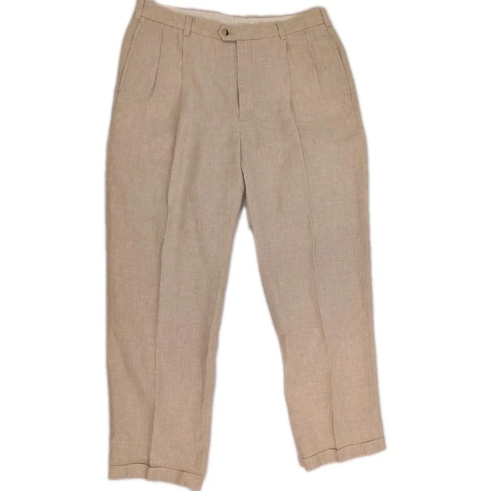 Jos A‎ Bank 38x32 Khaki 100% Linen Travelers Pleated Cuffed Mens Pants
